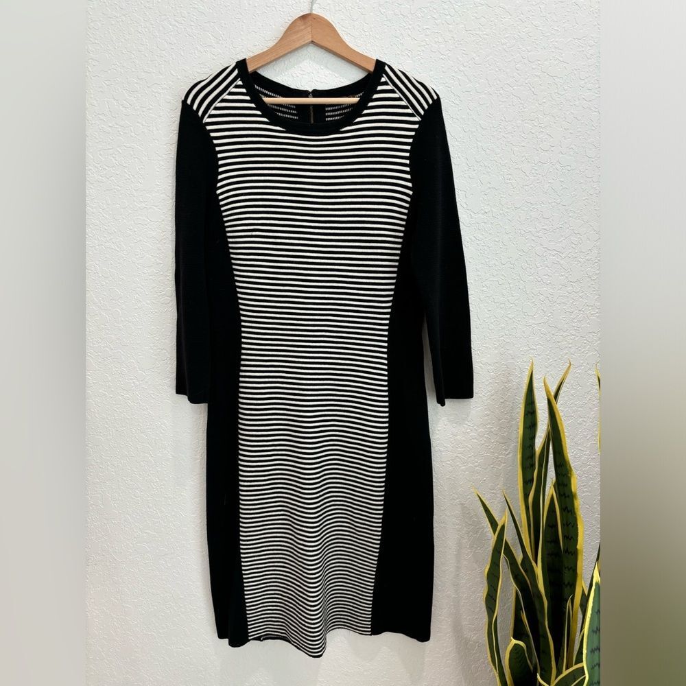 J. McLaughlin Black White Thick Knit 3/4 Sleeve Midi Dress Size Large